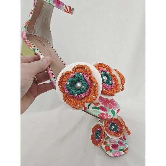 Betsey Johnson Floral Ankle-Strap Sandals with Orange Crochet Flowers - Picture 7 of 14